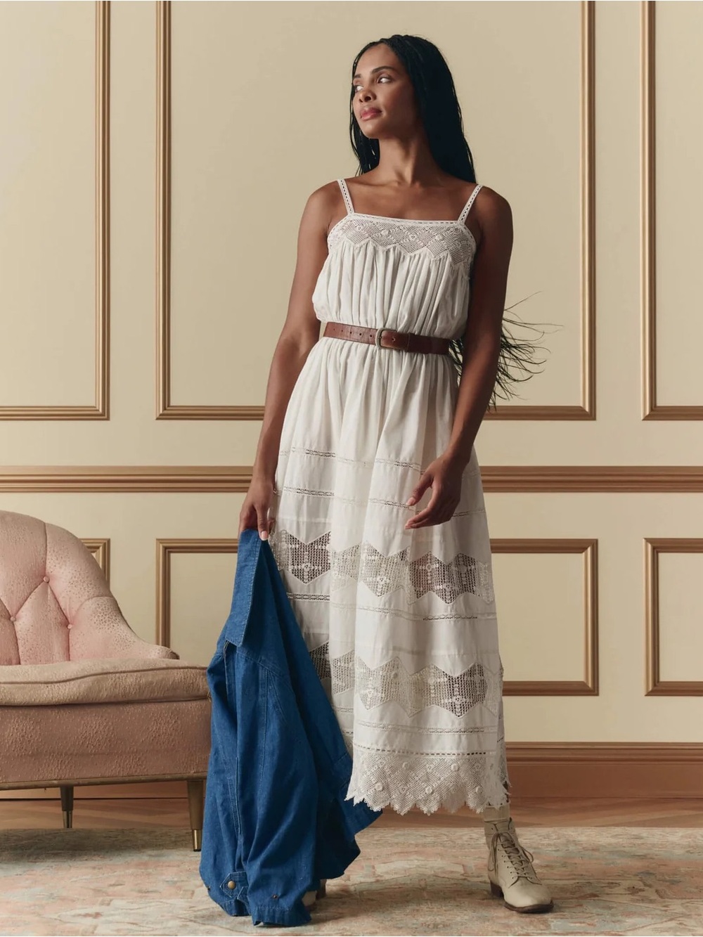 The GREAT. Rosette Lace Trim Midi Dress - Picture 3 of 3